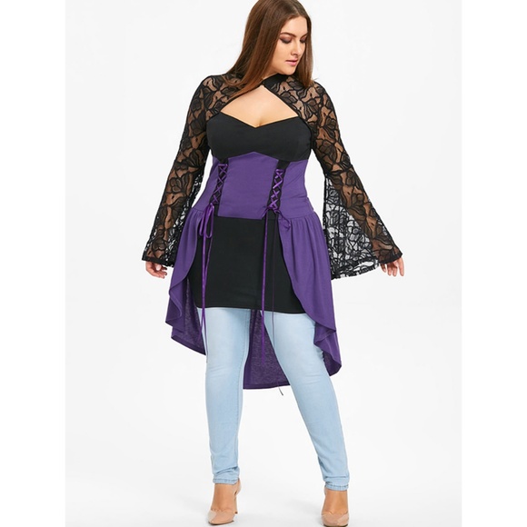  Plus Size Sheer Dip Hem Gothic Top - Purple - Picture 2 of 8